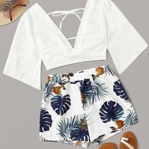 SHEIN Plunging Self-Tie Top & Tropical Print Shorts Set
